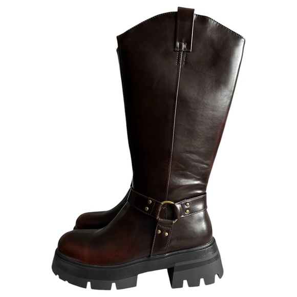 NEW PrettyLittleThing Women’s Brown Cleated Sole Buckle Mid-Calf Boot Size 10 - Picture 5 of 14
